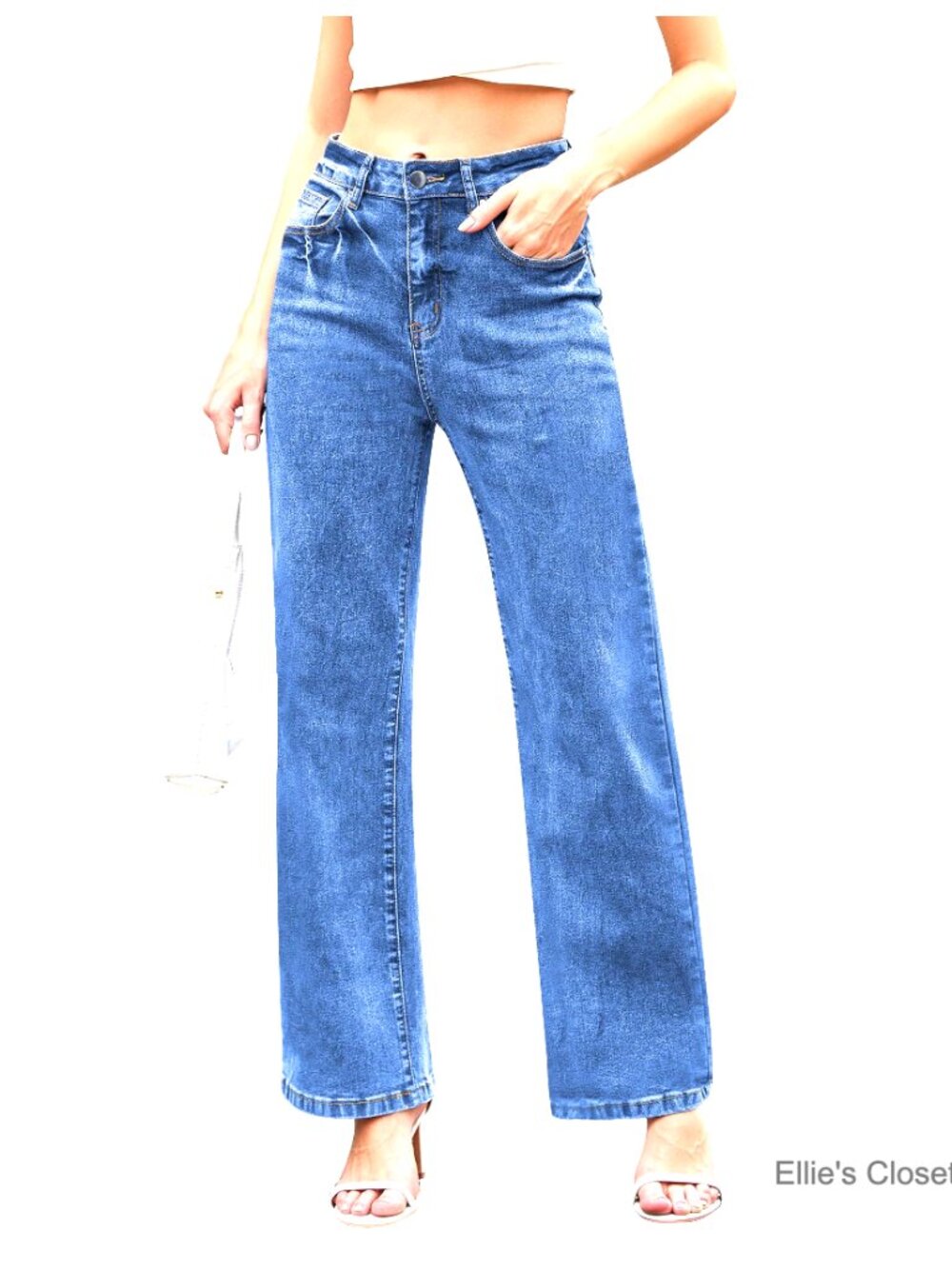 High Waisted Straight Jeans Wide Leg Stretchy Denim Pants with Pockets